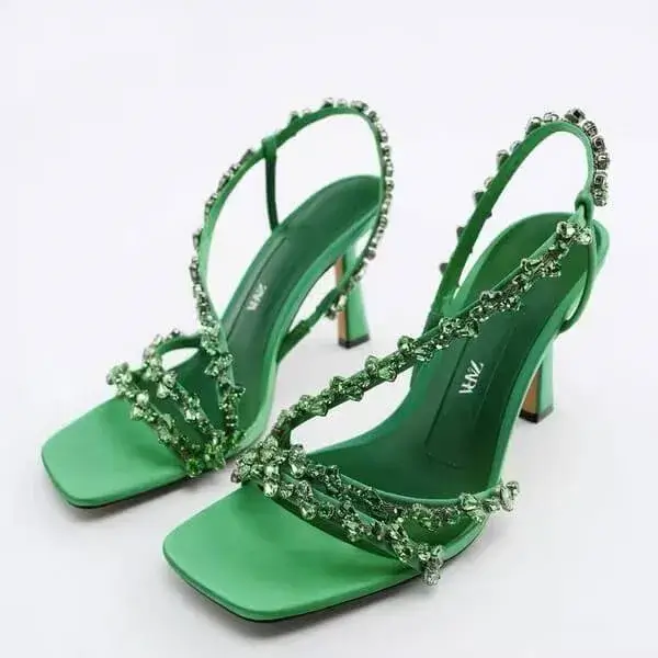 Navrina Women Fashion Plus Size Sexy Rhinestone Strap Square Toe Heeled Sandals