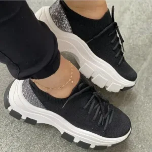 Navrina Wedge Heel Flying Woven Colorblock Lace-Up Sneakers Large Size Casual Low Top Women Shoes