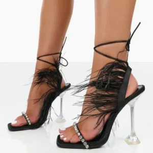 Navrina Women Fashion Sexy Rhinestone Feather Decorative Solid Color High Heel Sandals Shoes