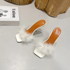 Navrina Women Fashion Sexy Feather Decoration Solid Color Chunky High Heel Slippers Shoes