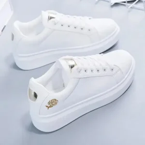 Navrina Women Casual Fashion Rose Embroidery Thick-Soled Comfortable PU Leather White Sneakers