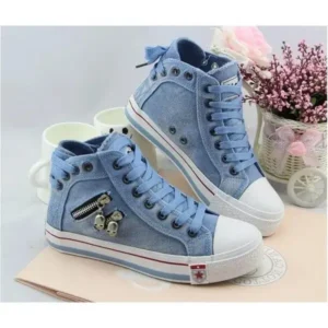 Navrina Women Casual Spring Zipper Decor Lace-Up High Top Denim Canvas Sneakers