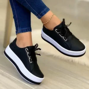 Navrina Women Casual Round Toe Lace-Up Block Color Platform Shoes PU Sneakers