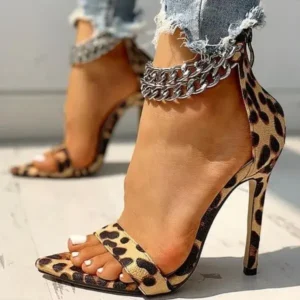 Navrina Women Sexy Metal Chain Buckle Ankle Strap Animal Printed High Heels