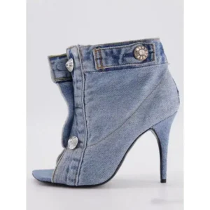 Navrina Women Fashion High Heel Denim Button High Top Boots