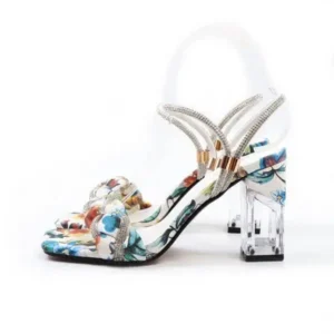 Navrina Women Fashion Sexy PU Rhinestone Floral Printed Square Toe Chunky Heel ?Sandals