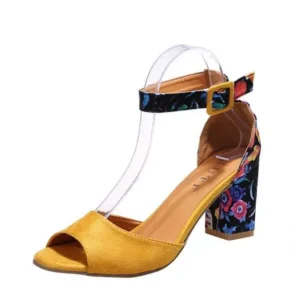 Navrina Women Fashion Sexy PU Floral Printed Peep Toe Chunky Heel Ankle Strap Buckle Sandals