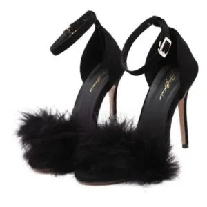 Navrina Women Fashion Sexy PU Solid Color Feather Peep Toe Stiletto Heel Ankle Strap Buckle Sandals