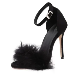 Navrina Women Fashion Sexy Solid Color Feather Peep Toe Stiletto Heel Ankle Strap Buckle Sandals