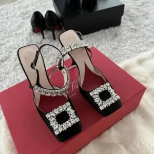 Navrina Women Fashion Elegant PU Square Toe Rhinestone Stiletto Heel Ankle Strap Buckle Sandals