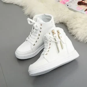 Navrina Women Fashion Solid Color Side Zipper Lace-Up Round Head Thick-Soled Sneakers