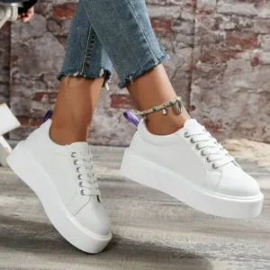 Navrina Women Fashion Solid Color Round-Toe Lace-Up Thick-Soled Sneakers