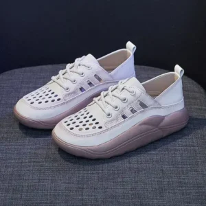 Navrina Women Fashion Casual Solid Color PU Lace-Up Hollow Breathable Sneakers