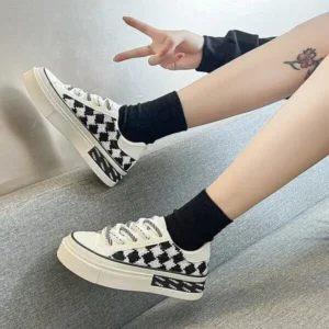 Navrina Women Fashion Platform Checkerboard Canvas Sneakers