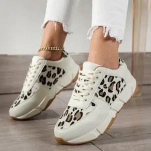 Navrina Women Fashion Round Toe Stitching Lace Up Low Top Leopard Sports Sneakers